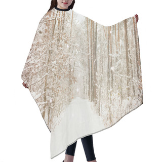 Personality  Scenic View Of Winter Forest And Blurred Falling Snowflakes Hair Cutting Cape