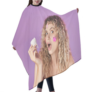 Personality  Portrait Of Amazed Blonde Woman With Face Stickers Holding Baby Tooth And Looking Shocked At Camera Hair Cutting Cape