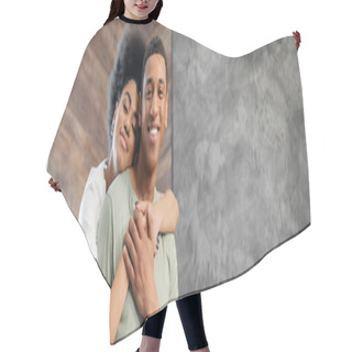 Personality  Joyful African American Woman Hugging Smiling Boyfriend In New House, Banner Hair Cutting Cape