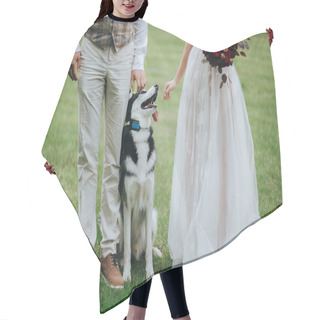 Personality  Bride And Groom Standing With Dog Hair Cutting Cape