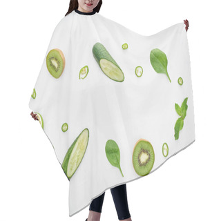 Personality   Top View Of Cut Cucumbers, Kiwi, Lime, Peppers And Greenery Hair Cutting Cape
