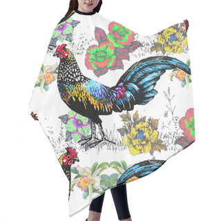 Personality  Seamless Watercolor Pattern With Farm Roosters Silhouettes And Flowers Hair Cutting Cape
