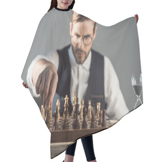 Personality  Selective Focus Of Focused Young Businessman Playing Chess Hair Cutting Cape