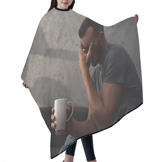 Personality  Lonely Crying Man Holding Cup Of Coffee Sitting At Home Hair Cutting Cape