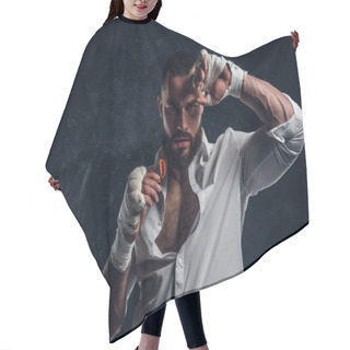 Personality  Portrait Of Handsome Bearded Man In Boxing Gloves Hair Cutting Cape
