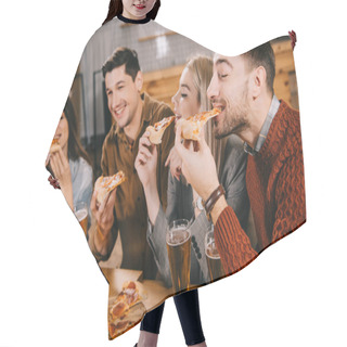Personality  Selective Focus Of Happy Friends Eating Pizza In Bar Hair Cutting Cape