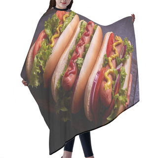Personality  Hot Dog With Pickles And Lettuce On Blue Concrete Background. Hair Cutting Cape