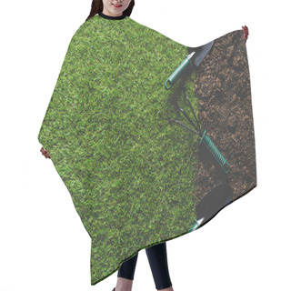 Personality  Top View Of Grass And Shovels With Hand Rake On Soil  Hair Cutting Cape