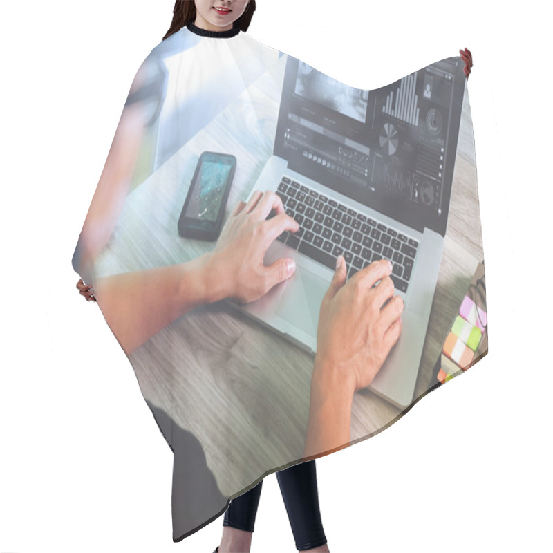 Personality  Designer Hand Working With Digital Tablet And Laptop Computer Hair Cutting Cape