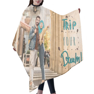 Personality  Couple Of Tourists With Illustrated Faces Hugging On Street And Pointing With Finger Away, Trip Your Dream Illustration Hair Cutting Cape