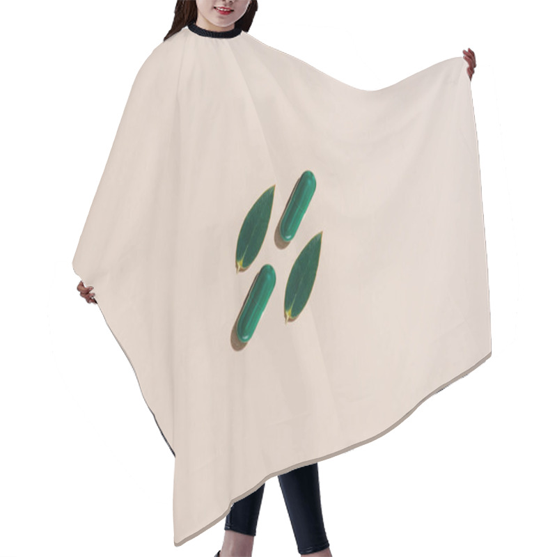 Personality  Top View Of Phytotherapy Pills And Leaves On Beige Surface Hair Cutting Cape