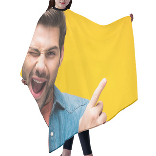 Personality  Handsome Man Pointing With Finger And Winking Isolated On Yellow Hair Cutting Cape