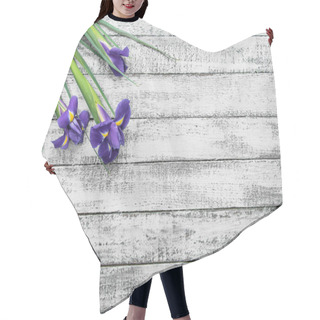 Personality  Top View Of Beautiful Iris Flowers On Grey Wooden Table Hair Cutting Cape