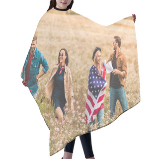 Personality  Group Of Young Americans With Flag Walking By Flower Field Hair Cutting Cape
