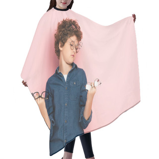 Personality  Curly Boy Holding Bunch Of Eyeglasses On Pink   Hair Cutting Cape