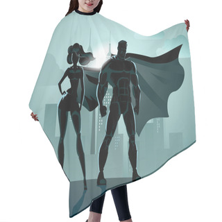 Personality  Superhero Couple: Male And Female Superheroes, Posing In Front O Hair Cutting Cape