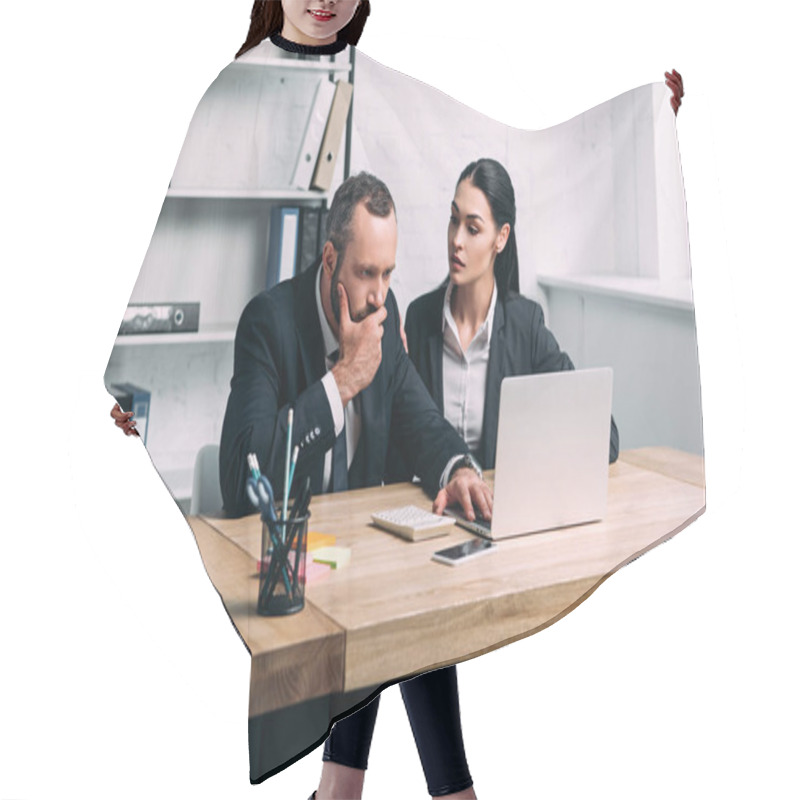 Personality  portrait of stressed business people in suits at workplace with laptop in office hair cutting cape