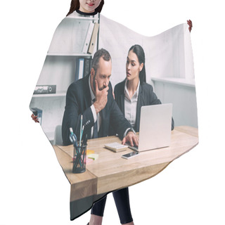 Personality  Portrait Of Stressed Business People In Suits At Workplace With Laptop In Office Hair Cutting Cape