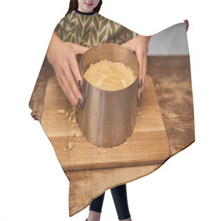 Personality  Cropped View Of Confectioner Doing Form Of Cake With Cake Mold Hair Cutting Cape