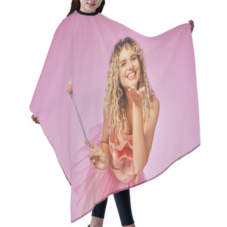 Personality  Smiley Lovely Woman In Pink Tooth Fairy Costume Holding Magic Wand And Sending Kiss At Camera Hair Cutting Cape