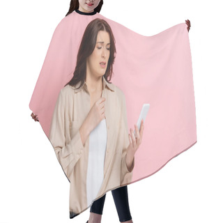 Personality  Worried Woman Holding Smartphone On Pink Background, Concept Of Body Positive  Hair Cutting Cape