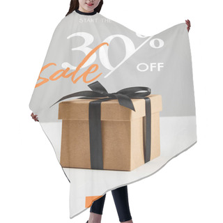 Personality  Cardboard Gift Box With Black Ribbon Isolated On Grey With Sale 30 Percent Off, Black Friday Concept Hair Cutting Cape