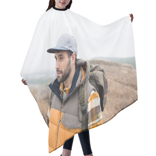 Personality  Young Bearded Man With Backpack Hair Cutting Cape