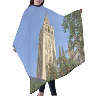 Personality  View Of Giralda Tower Of Seville Cathedral Of Saint Mary Of The See (Seville Cathedral)  With Oranges Trees In The Foreground Hair Cutting Cape