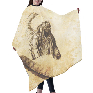 Personality  Drawing Of Native American Indian Foreman Sitting Bull - Totanka Yotanka According Historic Photography, With Beautiful Feather Headdress. Hair Cutting Cape
