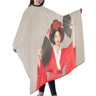 Personality  Japanese Woman In Oriental Clothes Holding Fans Isolated On Grey  Hair Cutting Cape