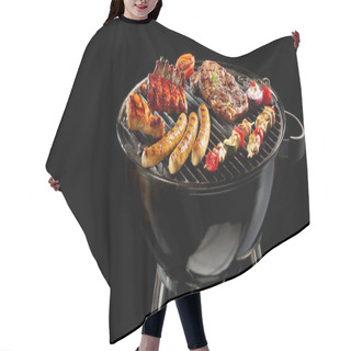 Personality  Variety Of Different Meat Grilling On A Portable Barbecue Over A Dark Background With Copy Space In Panoramic Banner Or Header Format Hair Cutting Cape
