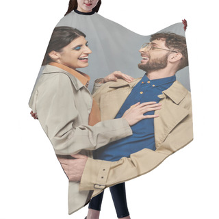 Personality  Fall Season, Joyful Man And Woman Hugging On Grey Background, Couple In Trench Coats, Style, Romance Hair Cutting Cape