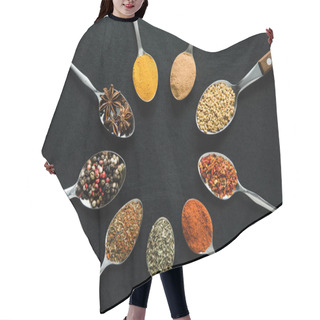 Personality  Various Spices And Herbs In Metal Spoons Hair Cutting Cape