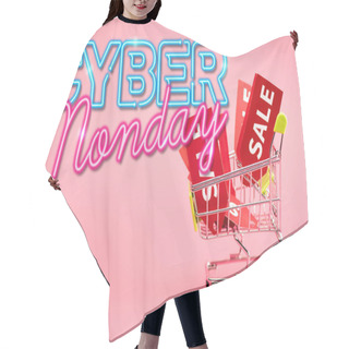 Personality  Red Labels With Sale In Small Shopping Trolley Near Cyber Monday Lettering On Pink Hair Cutting Cape