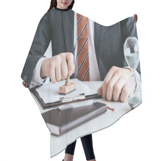 Personality  Cropped View Of Man In Suit Putting Stamp On Document  Hair Cutting Cape