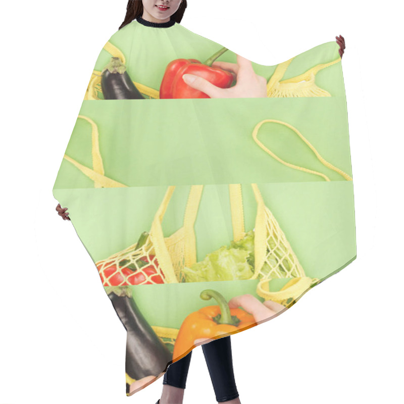 Personality  Collage Of Woman Near Reusable String Bag With Vegetables Isolated On Green, Eco Friendly Concept  Hair Cutting Cape