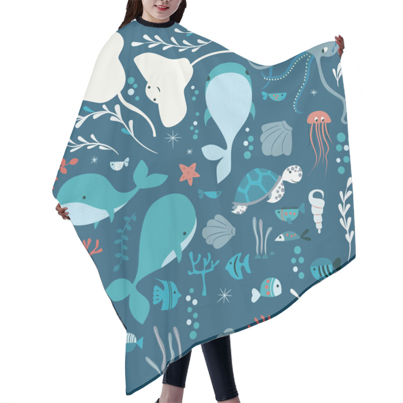 Personality  Collection Of Colorful Sea And Ocean Animals, Whale, Octopus, Stingray, Jellyfish, Turtle, Coral Hair Cutting Cape
