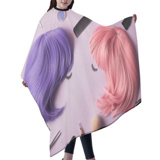 Personality  Top View Of Pink And Violet Wigs, False Eyelashes, Makeup Tools And Cosmetics On Purple Hair Cutting Cape