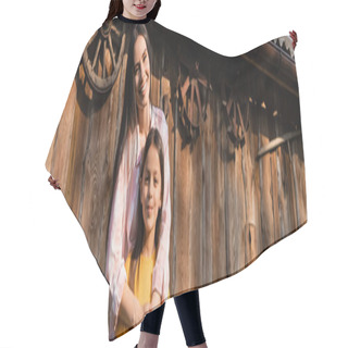Personality  Cheerful Woman Embracing Daughter Near Wooden Barn On Farm, Banner Hair Cutting Cape