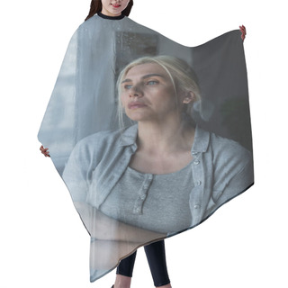 Personality  Depressed Blonde Woman Looking At Window With Rain Drops  Hair Cutting Cape