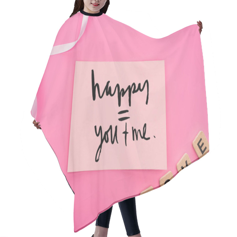 Personality  Top View Of Empty Paper Card With Happy You And Me Lettering Near Ribbon And Love Lettering On Wooden Cubes Isolated On Pink Hair Cutting Cape