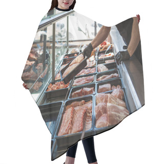 Personality  Raw Meat In Trays In The Window Of A Butcher Shop. The Seller Puts The Meat On Display In Black Trays Hair Cutting Cape