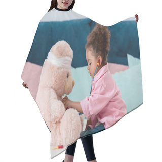 Personality  Little African American Child In Pink Jacket Playing The Doctor  With Teddy Bear  Hair Cutting Cape