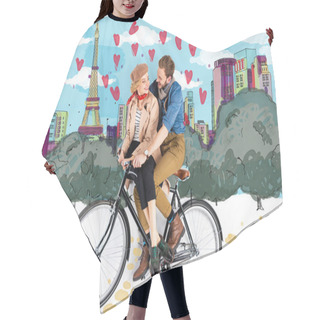 Personality  Happy Elegant Couple Riding Bike Together With Paris Illustration On Background Hair Cutting Cape