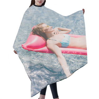 Personality  Overhead View Of Wet Happy Blonde Woman Swimming On Pink Pool Float With Pineapple In Swimming Pool Hair Cutting Cape