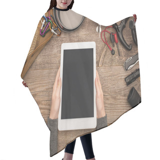 Personality  Partial View Of Woman Holding Tablet With Blank Screen Over Hiking Equipment On Wooden Table Hair Cutting Cape
