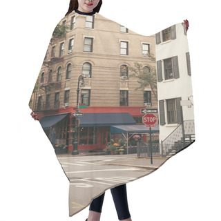 Personality  Building With Cafe Near Crosswalk And Road Signs On Urban Street In New York City Hair Cutting Cape
