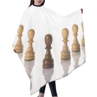 Personality  Selective Focus Of Brown Pawn With Another On White Background Hair Cutting Cape