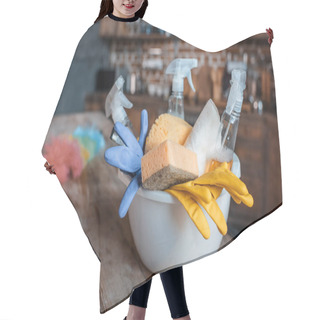 Personality  Cleaning Supplies On Table  Hair Cutting Cape