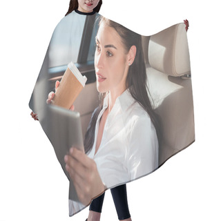 Personality  Woman In Car With Digital Tablet And Coffee Hair Cutting Cape